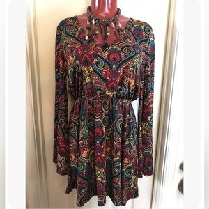 Derek Heart Juniors' Printed  Babydoll Dress WIDE SLEEVES V-NECK Sz L  Large